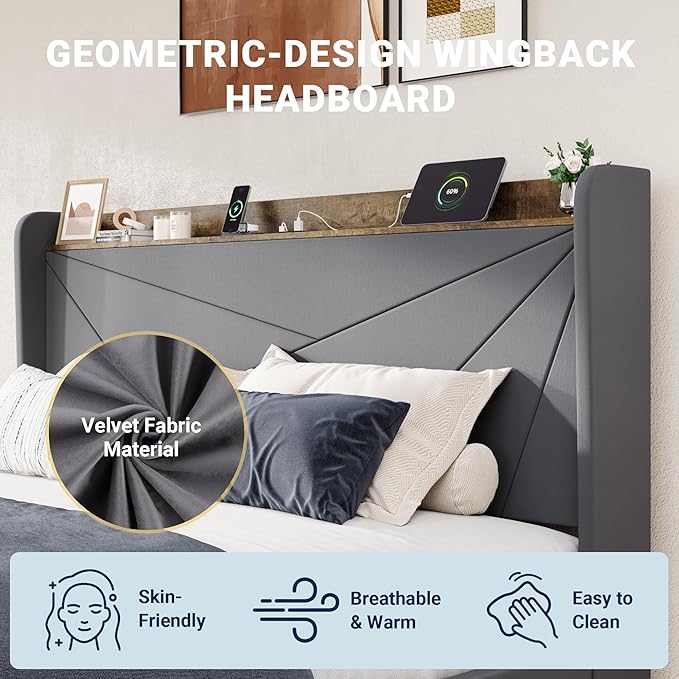 Allewie King Size Velvet Bed Frame with 3 Storage Drawers, Upholstered Platform Bed with Wingback Storage Headboard and USB Ports, No Box Spring Needed, Easy Assembly, Grey