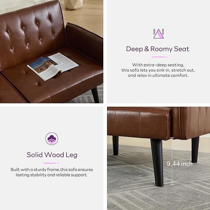 TYBOATLE 65“ Convertible Futon Sofa Bed w/ 2 USB,Tufted Small Adjustable Folding Couch Loveseat, Modern Mid Century Faux Leather Sleeper Sofa for Living Room, Bedroom,Office, Brown