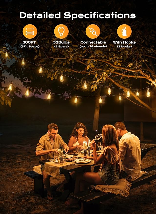 Brightown Outdoor String Lights Patio Lights, 100FT ST38 Shatterproof Dimmable Waterproof Connectable LED Christmas Lights, Hanging Outside Light for Backyard, Porch, Deck, Balcony, Garden, Home Decor