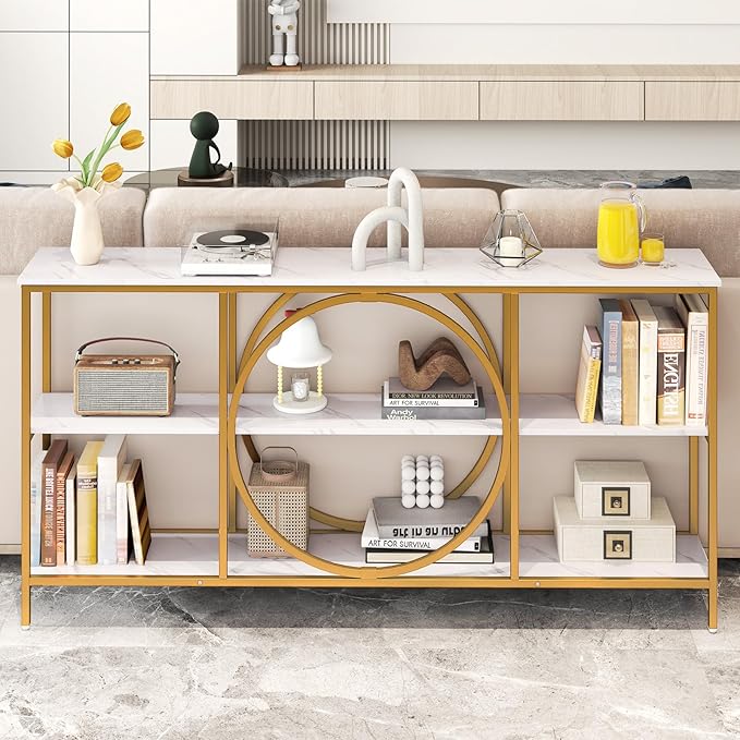 Giantex Narrow Long Console Table, 3-Tier Entryway Table with Faux Marble Top & Heavy-Duty Metal Frame, Mid-Century Accent Sofa Tables with Open Storage Shelves for Living Room, Hallway(White+Gold)