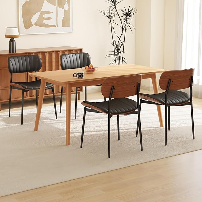 Modern PU Leather Dining Room Chairs Set of 4, Upholstered Kitchen Chairs with Walnut Bentwood Back and Metal Legs Adjustable Feet for Kitchen Dining Room(Balck)