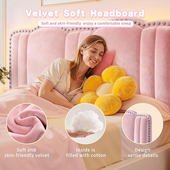 EnHomee Queen Bed Frame with LED and Velvet Headboard, Bed Frame Queen Size with Adjustable Cute Cloud Headboard, Strong Support, Noise Free, No Box Spring Needed, Easy Assembly, Pink
