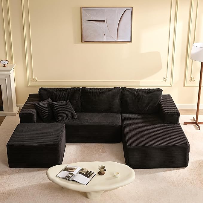 107" Boneless Couch with Deep Seat, Modular Sectional Sofa, Cloud Sectional Couch for Living Room, No Assembly Required, Corduroy, U-Shape 3 Seater Right, Black