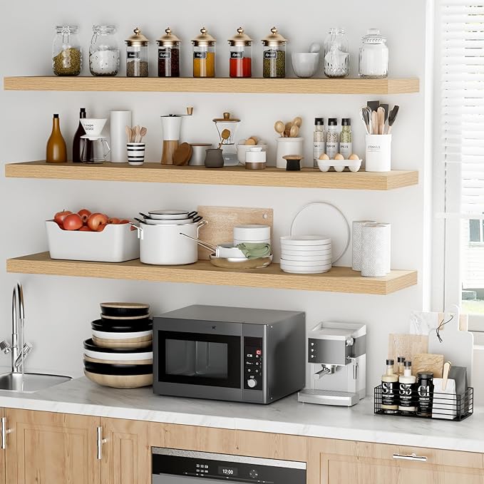 Fun Memories Floating Shelves - 12 Inch Rustic Wooden Wall Shelves - Extra Deeper & Thicker Wall Mounted Storage Shelf for Living Room, Kitchen, Farmhouse - 55" W x 12" D x 1.8" H - Oak