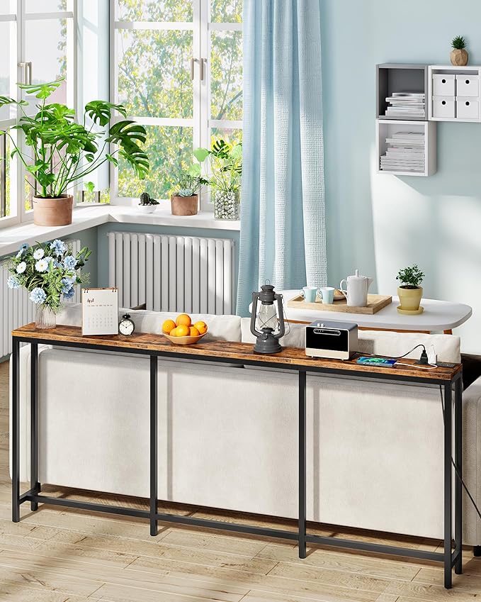 62.99" Console Table with Charging Station, Narrow Long Behind Couch Table, with 2 AC Outlets, 1 USB-A Port and 1 Type-C Port Rustic Brown and Black TXG26UBF