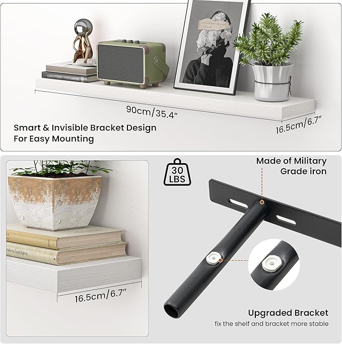 Heimlove 36 Inch Floating Shelves for Wall,Mounted Storage & Display Wood Shelves with Invisible Brackets,Hanging Shelf for Bedroom Living Room Kitchen Office,Set of 2,White