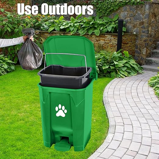 Outdoor Dog Poop Trash Can, Dog Waste Trash Can Pooper Scooper for Yard Garden Kitchen with Lid, Pedal, Removable Inner Bin, Large Waste Bag, Green (Fully Assembled)