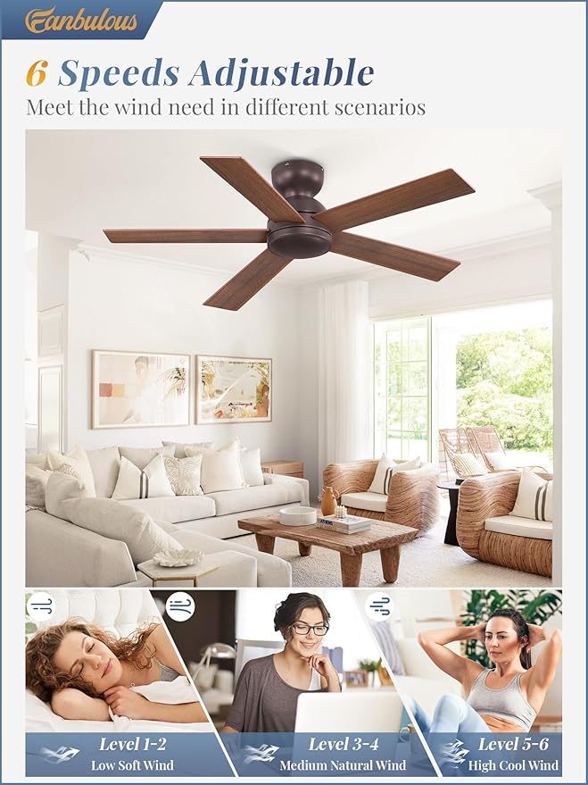 42 Inch Low Profile Ceiling Fan no Lights, Brown Farmhouse Ceiling Fan with Remote, 6-Speeds, Quiet Reversible DC Motor, Indoor/Outdoor Ceiling Fans with Remote for Bedroom, Patio, Living Room