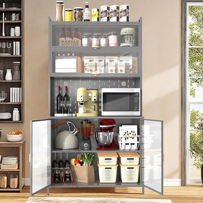 73'' Tall Kitchen Pantry Cabinet, 6 Level Flip Door with Pegboard Metal Pantry Storage Cabinet, Anti-Tip Design Hutch for Kitchen, Dining Room, Living Room,Grey