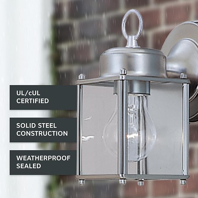 DESIGNERS FOUNTAIN Preston Outdoor Light Fixture, 8 Inch, Exterior Wall Mount Lantern Sconce, Clear Glass Porch Lights for Front Door, Patio, and House Garage, Pewter, 1161-PW (Pack of 6)
