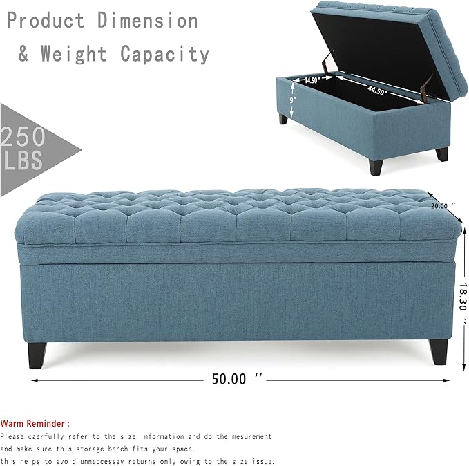 Setawix Linen Storage Benches for Bedroom,50" Bed End Bench with Storage,Tufted Blue Storage Ottoman Bench for Living Room,Rectangle Entryway Benches with Storage and Seating (Blue, Linen)