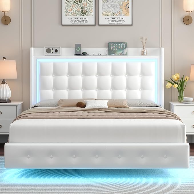 Keyluv Upholstered Full Floating Bed Frame with LED Lights and Charging Station, Pu Leather Platform Bed with Button Tufted Storage Headboard, Type-C & USB Charging Ports, No Box Spring Needed, White