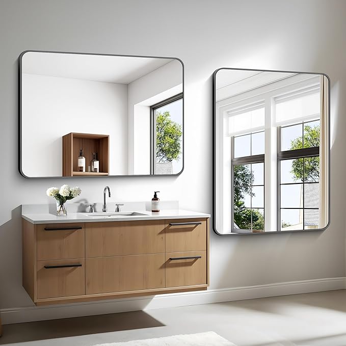 BONEWEI 36x48 inch Bathroom Mirror,Black Rectangle Mirror,Wall Mounted Bathroom Frame Vanity Mirror with Round Corner for Bedroom Living Room, Entryway Hangs Horizontal or Vertical
