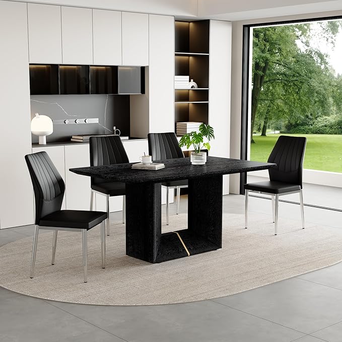 63" Modern Black Dining Table Set for 4 with Chairs, 5 Piece Rectangular Dining Room Table and 4 PU Leather Chairs, Kitchen Dining Set with Matte Wood Finish, Geometric Base, Easy Assembly