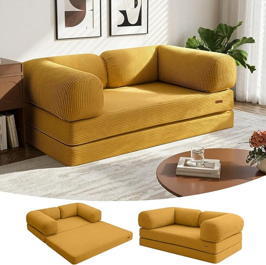 COMAX Futon Sofa Bed, 4-in-1 Floor Foldable Sofa Couch Bed Queen with L-Shaped Armrests, Convertible Folding Chair Bed Sleeper Mattress Fold Out Comfy Lounge for Living Room Bedroom, Yellow