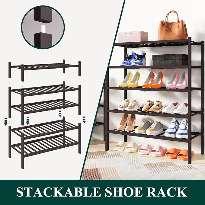 Smiry Shoe Rack, 2 Tier Thick Bamboo Shoe Organizer, Stackable Free Standing Wooden Shoe Storage Shelf for Closet, Entryway, Front Door Entrance, Brown