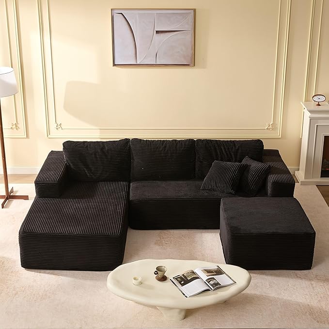 107" Boneless Couch with Deep Seat, Modular Sectional Sofa, Cloud Sectional Couch for Living Room, No Assembly Required, Corduroy, U-Shape 3 Seater Left, Black