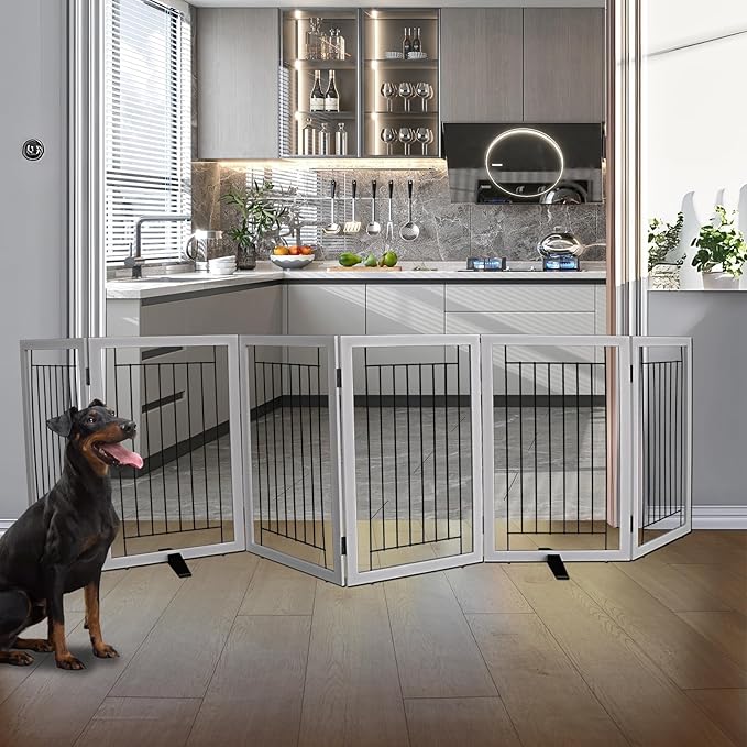 ZJSF Freestanding Dog Gate Indoor, Foldable Dog Fence for Doorways,Hallways or Stairs, Sturdy Wood Extra Wide Pet Gate with Support Feet,Grey,32 "Height-6 Panels