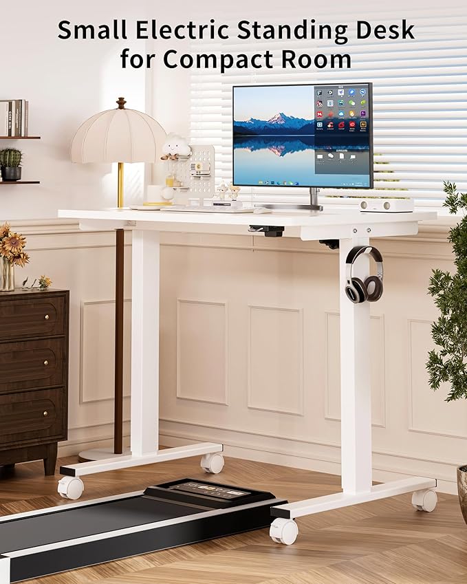 Okin Small Electric Standing Desk, 36" x 24" Whole Piece Height Adjustable Desk, White Sit to Stand Computer Workstation with Wheels for Home Office