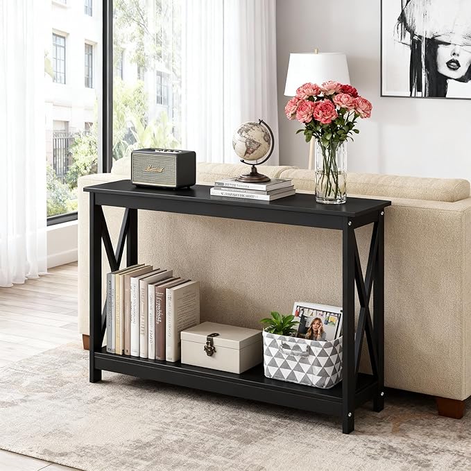 SUPER DEAL Console Table 47”, 2-Tier Narrow Sofa Side Table with Storage Shelf, Entrance Table for Hallway/Foyer/Living Room/Corridor/Office, Black