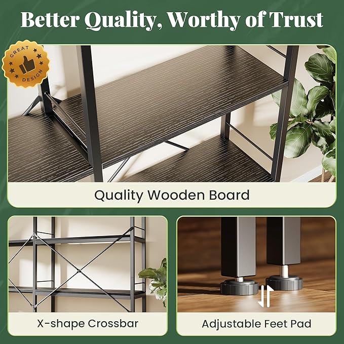 Huuger 5 Tier Bookshelf, L Shaped Corner Bookshelf with 10 Open Shelves, 49.4 Inch Straight Wide Bookcase with Metal Frame and Wooden Board, Adjustable Feet, Black