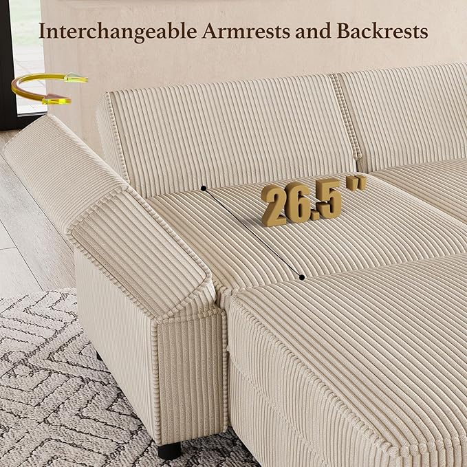 114.2" 5 Seater Modular Sofa with Deep Storage Seat,Corduroy Convertible L Shaped Sectional Couch,Modular Couch with Movable Ottoman Chaise,Upholstered Sectional Couches for Living Room,Beige