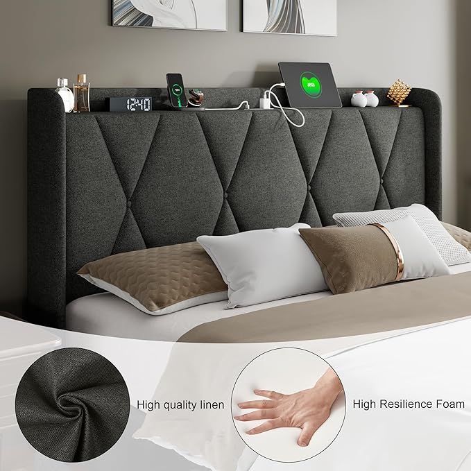 Feonase Queen Bed Frame with 4 Storage Drawers, Upholstered Button Tufted Storage Headboard with Fast Charging Station, Heavy Duty Slats Support, No Box Spring Needed, Noise-Free, Dark Grey