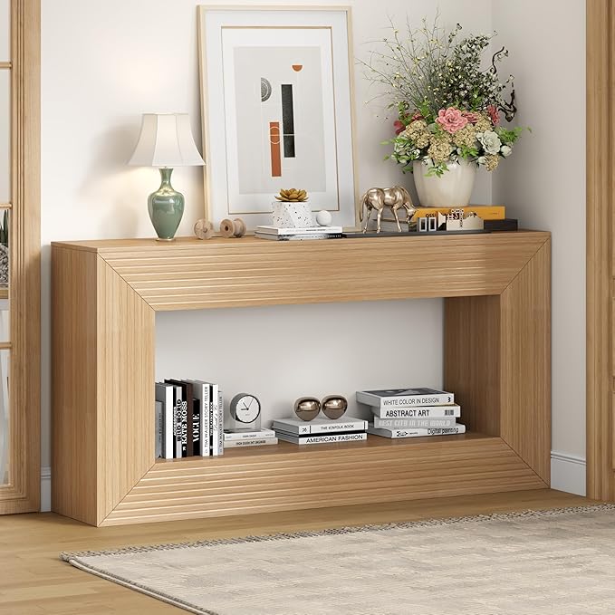 55" Console Table, 2-Tier Farmhouse Sofa Table with Storage Behind Couch, Narrow Rectangular Entryway Table for Living Room, Hallway, Entrance, Foyer, Natural