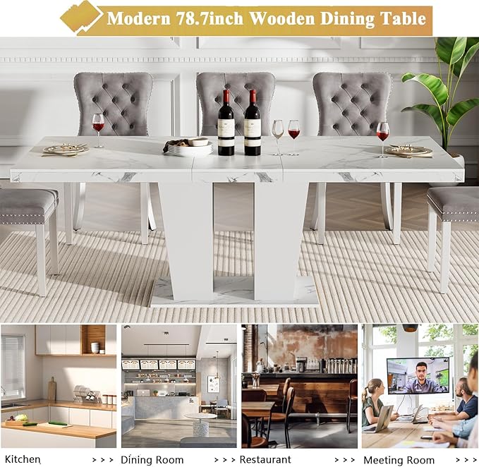 Goujxcy 9-Piece Extendable Dining Table Set for 8, 63-78 Inch Faux Marble Kitchen Table Set with 8 Black Upholstered Chairs Modern Expandable White Marble Dining Room Table Set for Kitchen Apartment