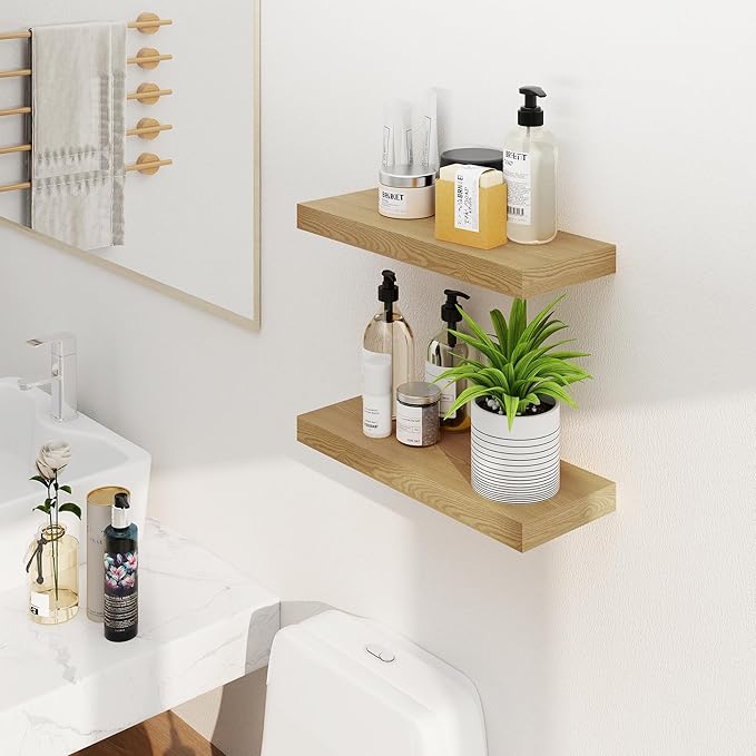 Fun Memories Floating Shelves for Wall, 20Inch Floating Shelves Set of 2, Hanging Shelf with Invisible Brackets, Wood Shelves for Living Room, Bedroom, Kitchen, Oak