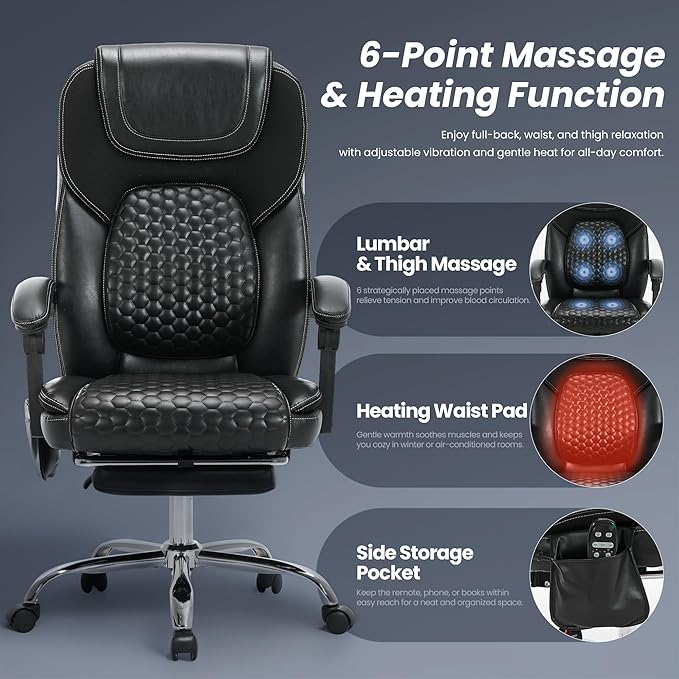 Massage Executive Office Chair 2-Pack with Heat and Footrest, Ergonomic Reclining Leather Desk Chair with Wheels, High-Back Big and Tall Computer Chair for Home Office, Study, Gaming, Black, 300 lbs