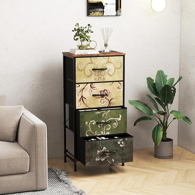 DUMOS Nightstand with 4 Drawers Bedside Table with Removable Fabric Bins Sturdy Steel Frame Wood Top Organizer Furniture for Bedroom Closet Living Room,Floral Painted