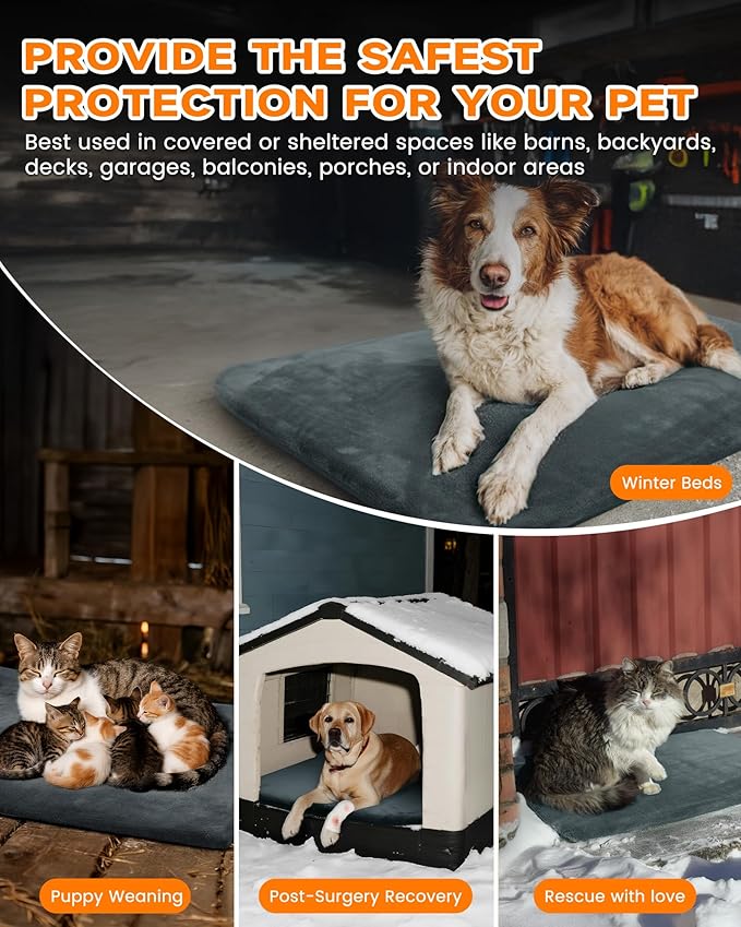 Outdoor Pet Heating Pad for Dog & Cat, Multi-Size Waterproof Heated Cat Dog Bed for Outside, Pet Heater Warmer Mat Blanket with Chew Resistant Cord for Senior Dog Cat House Whelping Box,Gray,16" x 28"