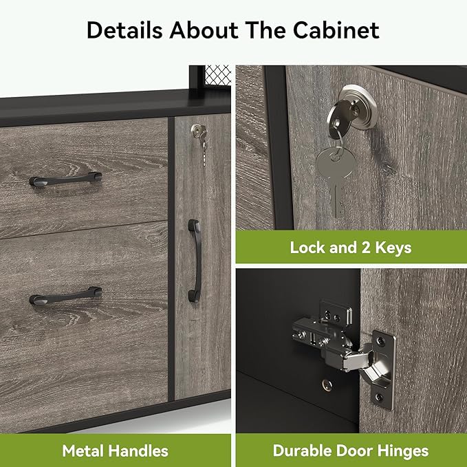 LITTLE TREE 55" Executive Computer Desk and Lateral File Cabinet, L-Shaped Office Desk for Home Office, Furniture Set, Grey