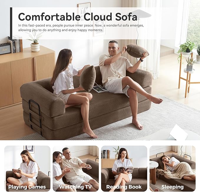 Convertible Modular Sleeper Sofa Bed, Mid Century Modern Decor Love Seat Memory Foam Couches, Sleeper Sofa Bed for Living Room, Solid & Easy to Install Cloud Couch (Brown)