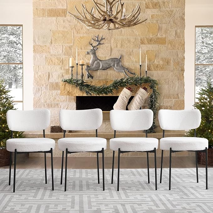 White Boucle Dining Chairs Set of 4, Upholstered Dinner Chair with Metal Frame, Dining Room Chairs with Padded Seat, Round Modern Seating for Living Room