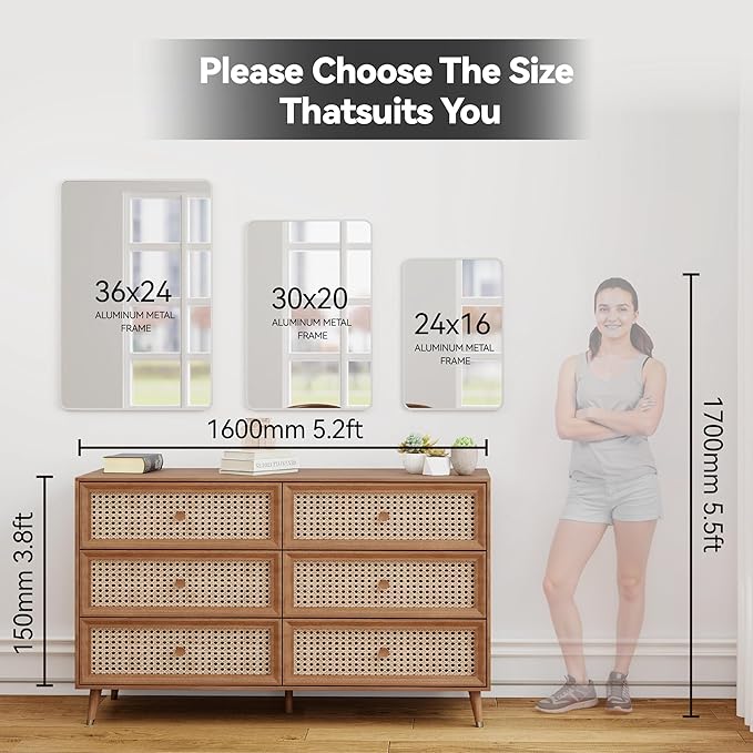 20x30 Rectangle Mirror Full Length Wall Mounted Hanging or Against Wall Metal Frame Dressing Make-up Mirrors for Entryway Bedroom Bathroom Living Room 20 30 inch Silver