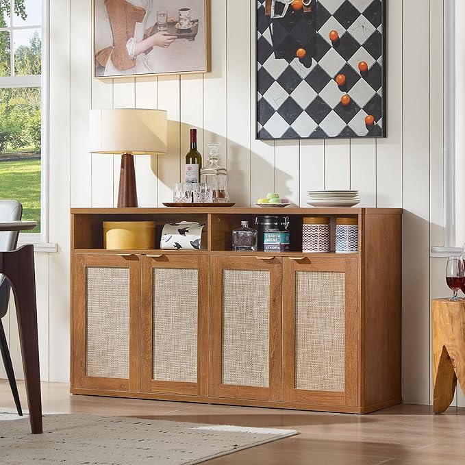 LEYAOYAO Rattan Sideboard Buffet Cabinet,55" Coffee Bar Cabinet with 4 Doors & Open Storage Shelf,Modern Credenza Console Table for Living Room Rattan Farmhouse entryway Brown
