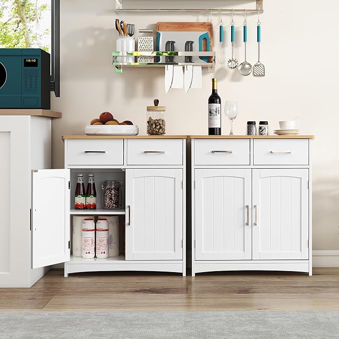 Buffet Cabinet with Storage, Coffee Bar Cabinet 26 x 30 Inches, Oak Top Sideboard Cabinet, Matte White Finish, Anti-Fall Drawers, Arched Doors, Adjustable Shelves