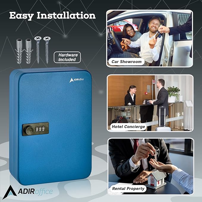 AdirOffice Key Lock Box - 48 Hook Wall Mounted Key Cabinet Holder, Lockable Storage - Metal Organizer for Home and Office