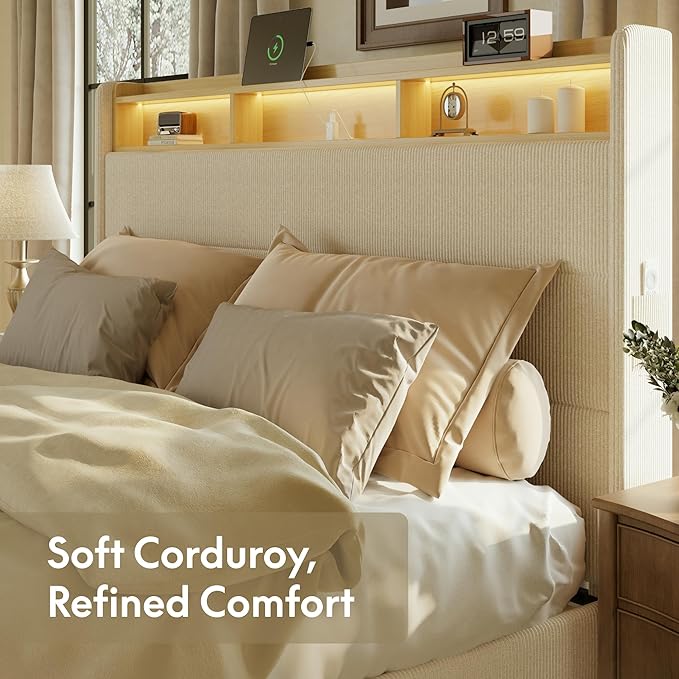 FLEXISPOT Queen Platform Bed Frame with 51" Tall Upholstered Corduroy Headboard, Two-Tier Storage Shelves, LED Light & Charging Station, Remote Pocket, No Box Spring Needed,1100Ibs Heavy-Duty, Beige