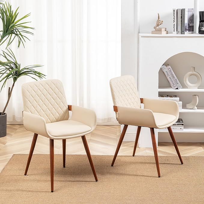 LUNLING Mid Century Modern Faux Leather Dining Room Chairs,Upholstered Seat Metal Legs Chairs Cream White Faux Leather Kitchen Chair Reception Room Chair,1PCS