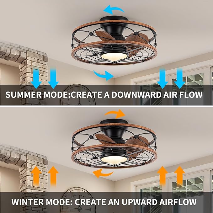 TIFEROR 20'' Low Profile Ceiling Fans With Light, Flush Mount Caged Ceiling Fan With Remote Control, Reversible Motor With Low Noise And Energy Efficient, 3 Color LED