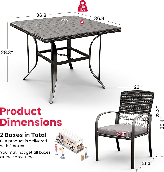 Pamapic 5-Piece Outdoor Furniture Set, Rattan Patio Dining Set with Weather-Resistant Iron Slats Table, 4 Stackable Chairs & Removable Cushions for Backyard, Deck, Garden (Grey)
