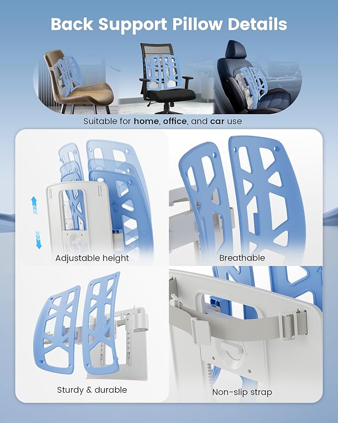 Beleduc Lumbar Support Pillow for Office Chair- Ergonomic Back Support Pillow with Adjustable Height, Improves Posture, Back Cushion with Straps for Home, Office, Car