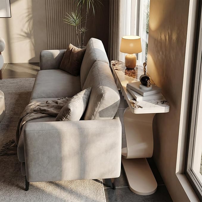 Modern Console Table with Sintered Stone Top, 47" Entryway Table with Sculptural S-Shaped Base Narrow Hallway Sofa Table Behind Couch for Living Room, Accent Furniture(White,39.3"x11.8"x31.5")