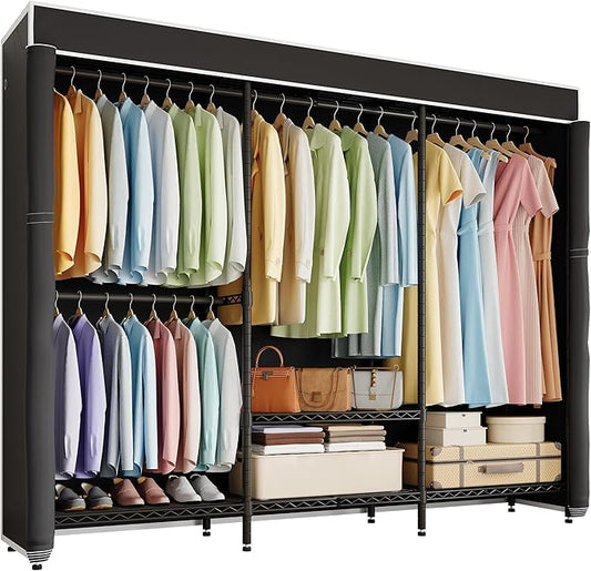 H8 Garment Rack with Cover, Portable Closet for Hanging Clothes, Heavy Duty Clothes Rack Wardrobe Closet Organizer and Storage, Black Clothing Rack Shelf with Black Fabric Cover