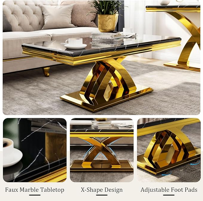 AUZ 3 Pieces Black Gold Living Room Table Set, Coffee Table and 2 End Side Table with X-Shape Design Polished Stainless Steel Frame