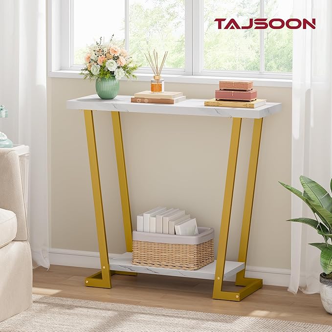 Tajsoon Narrow Console Table for Entryway 31.5'', 2 Tier Rustic Entryway Table with Open Shelves, Industrial Sofa Table with Gemometric Frame for Hallway, Living Room, Entrace, Gold & White