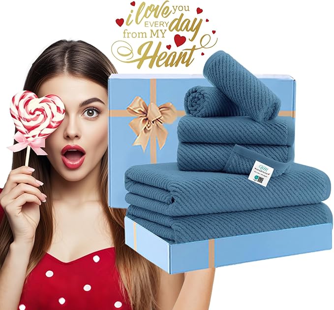 VOOVA & MOVAS Blue Towels Bathroom Sets, 100% Cotton | Lightweight | Soft | Quick Dry | Thick, Towel Set of 6, 2 Large Bath 30"x56", 2 Hand 18"x28", 2 Wash Cloths 13"x13", Denim Blue Towel Gift